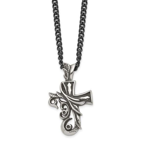 Men's Stainless Steel Antiqued Fancy Scroll Cross Necklace, 20 Inch - Picture 1 of 5